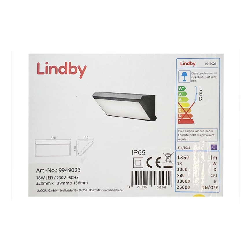 Lindby - Applique murale extérieure avec détecteur ABBY LED/18W/230V IP65