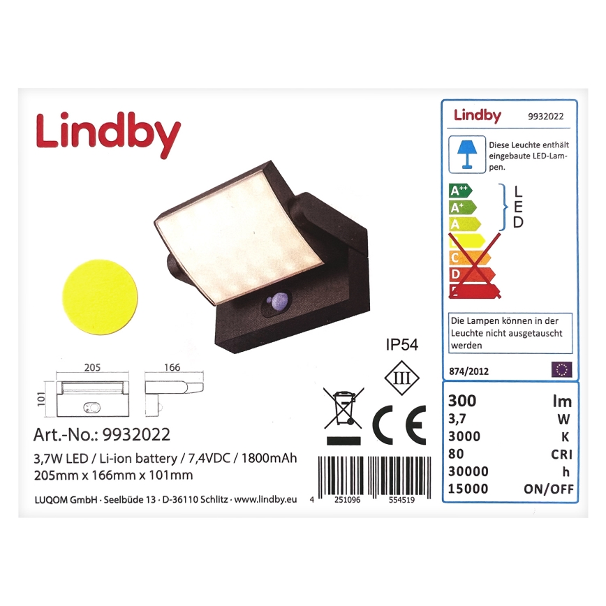 Lindby - Applique murale solaire avec détecteur SHERIN LED/3,7W/7,4V 1800 mAh IP54