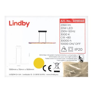 Lindby - Dimbare LED hanglamp aan een koord NEKALA LED/25W/230V