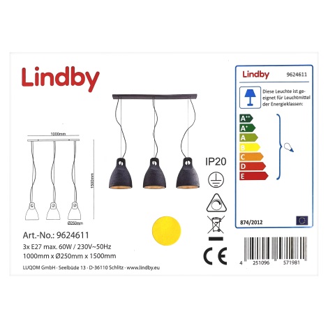 Lindby - Hanglamp aan een koord IBU 3xE27/60W/230V