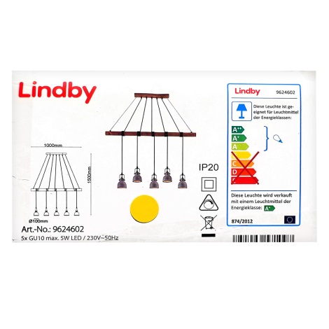 Lindby - LED Kroonluchter aan een snoer MITIS 5xGU10/5W/230V grenen/beton