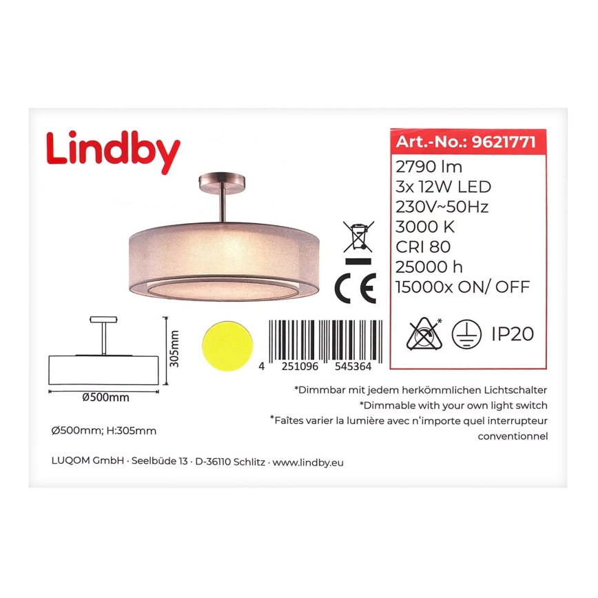 Lindby - Suspension à intensité variable LED PIKKA 3xLED/12W/230V