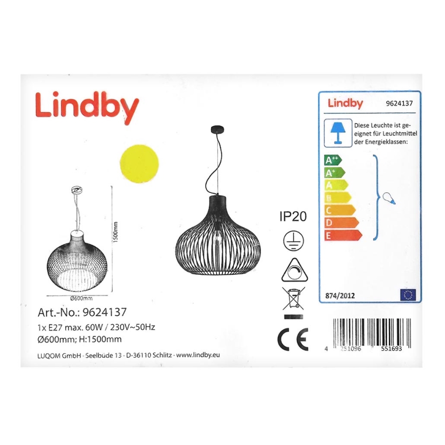 Lindby - Suspension filaire FRANCES 1xE27/60W/230V