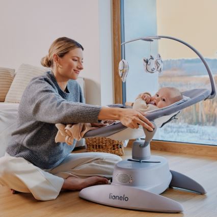 Lionelo - Balancelle musicale pour bébé MELL Grey Stone, alimentée par 4 piles AA + télécommande