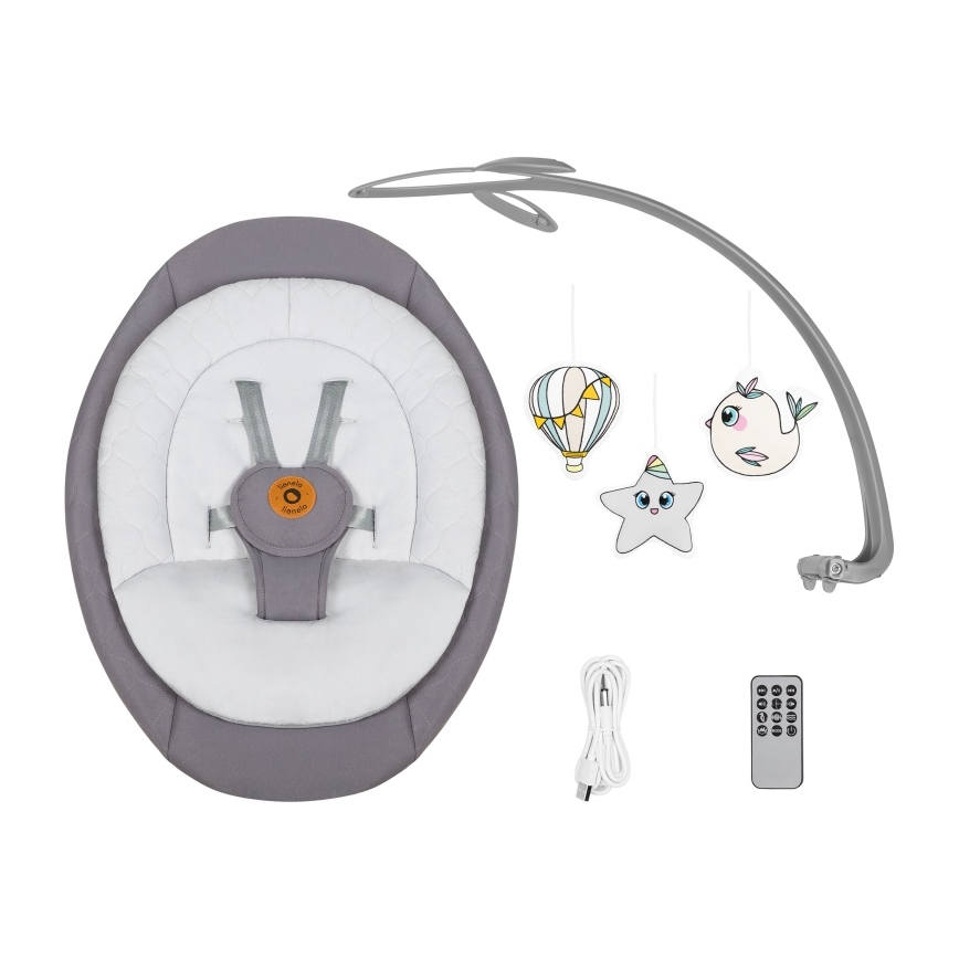 Lionelo - Balancelle musicale pour bébé MELL Grey Stone, alimentée par 4 piles AA + télécommande