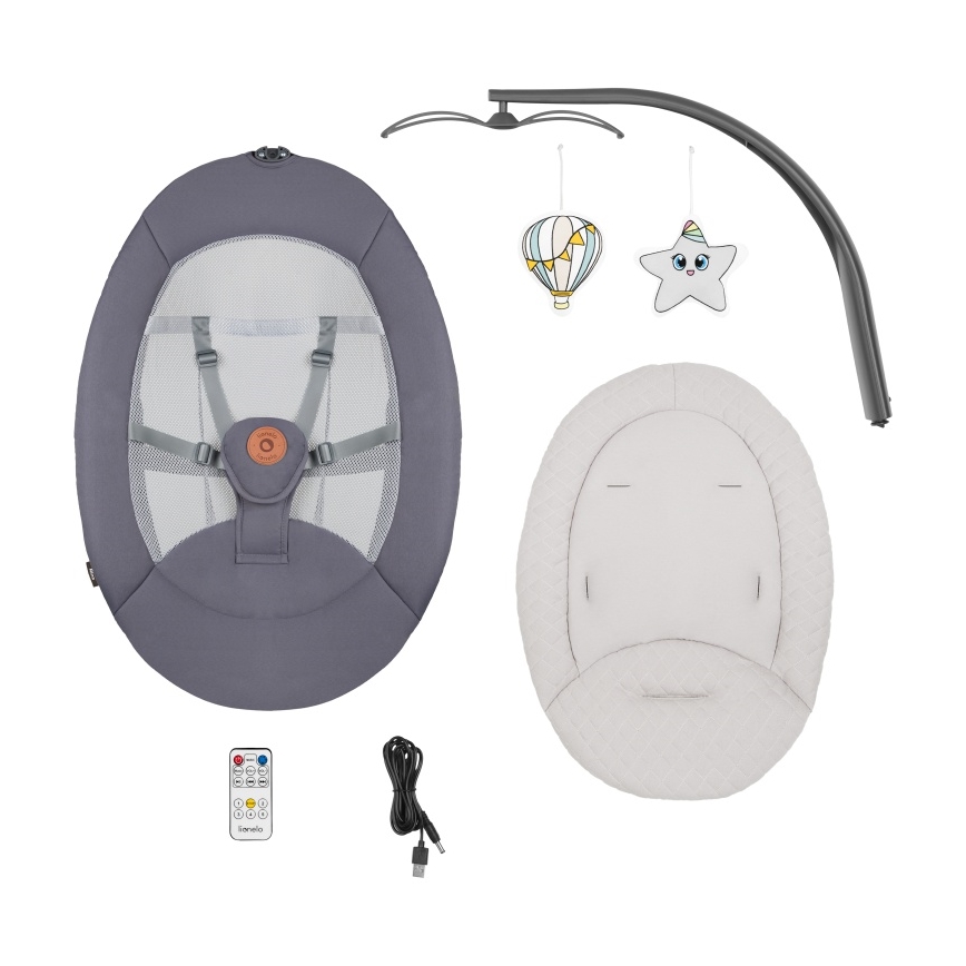Lionelo - Balancelle pour bébé avec mélodie RINA 4xAA Gris béton + télécommande