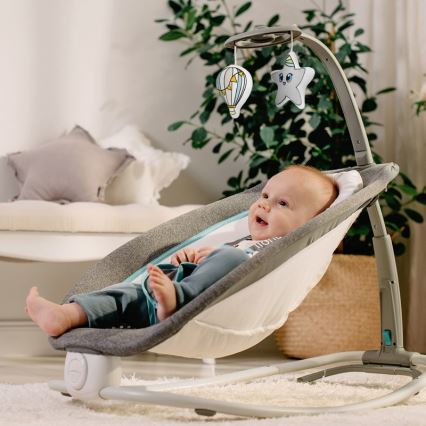 Lionelo - Vibrerend wipstoeltje voor baby's met een melodie PASCAL 2xAA grijs/turquoise