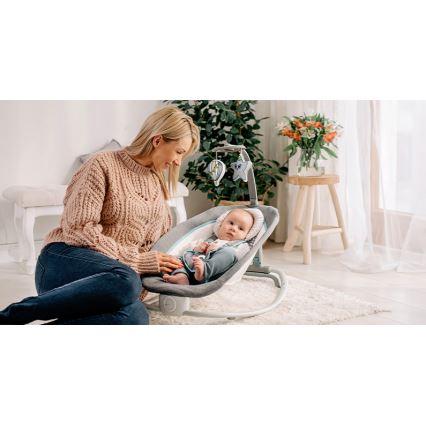 Lionelo - Vibrerend wipstoeltje voor baby's met een melodie PASCAL 2xAA grijs/turquoise