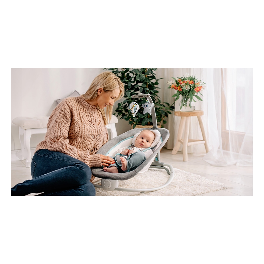Lionelo - Vibrerend wipstoeltje voor baby's met een melodie PASCAL 2xAA grijs/turquoise