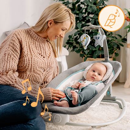 Lionelo - Vibrerend wipstoeltje voor baby's met een melodie PASCAL 2xAA grijs/turquoise