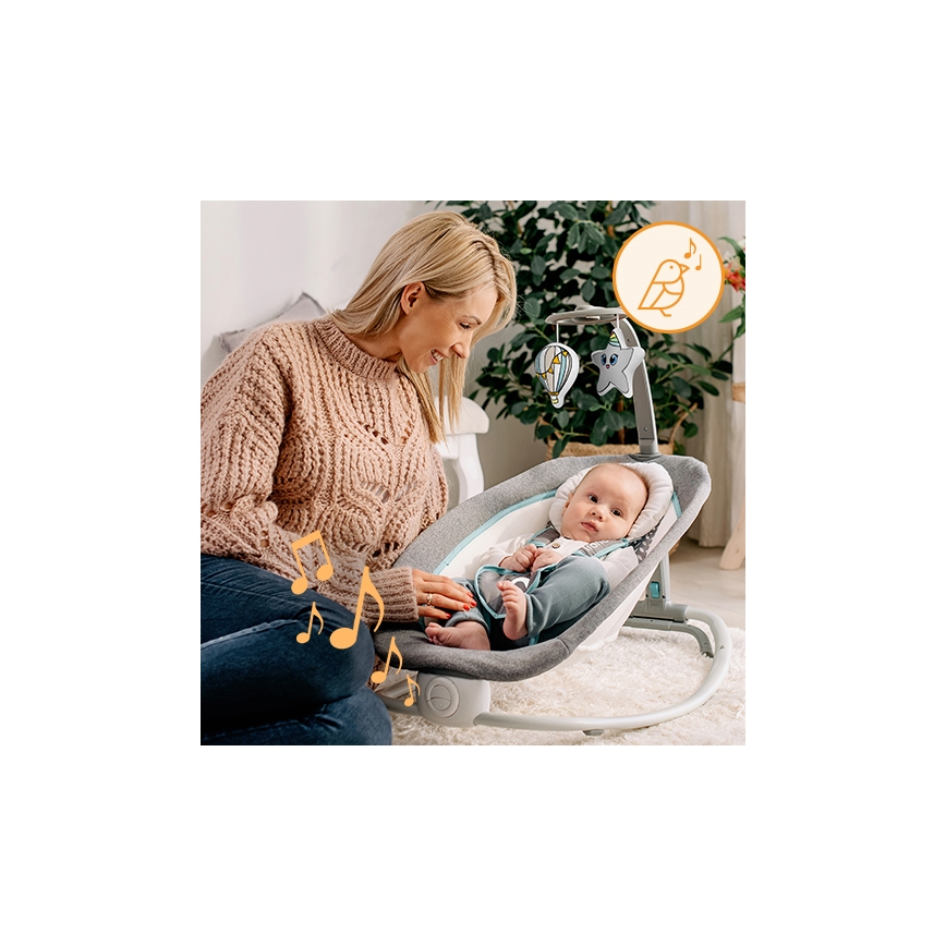 Lionelo - Vibrerend wipstoeltje voor baby's met een melodie PASCAL 2xAA grijs/turquoise