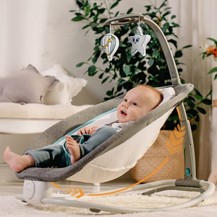 Lionelo - Vibrerend wipstoeltje voor baby's met een melodie PASCAL 2xAA grijs/turquoise