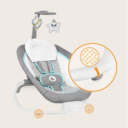 Lionelo - Vibrerend wipstoeltje voor baby's met een melodie PASCAL 2xAA grijs/turquoise