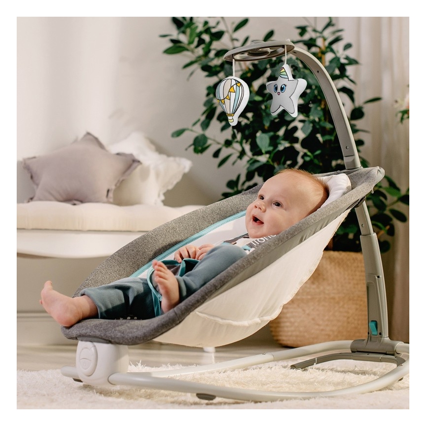 Lionelo - Vibrerend wipstoeltje voor baby's met melody PASCAL grijs/turquoise