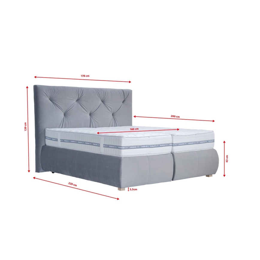 Lit à sommier tapissier avec matelas et surmatelas ELEN 160x200 cm gris