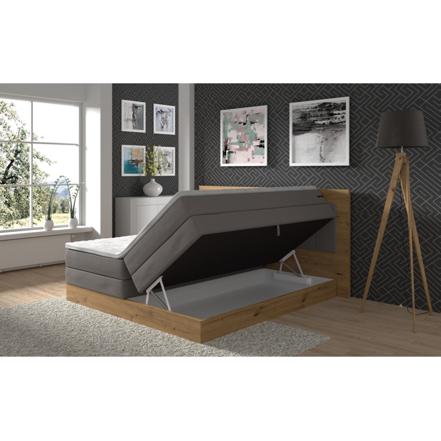 Lit Boxspring avec matelas et surmatelas avec espace de rangement JASMINE 180x200 cm gris