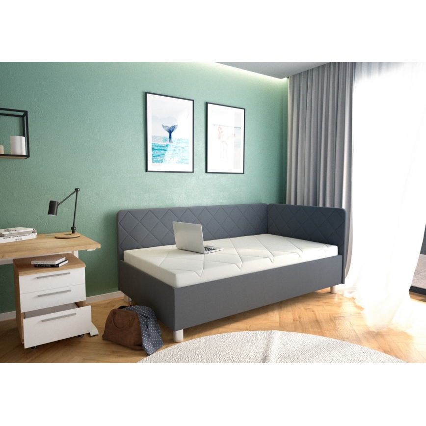 Lit de jour capitonné avec un espace de stockage et matelas EMILE 110x200 cm gris