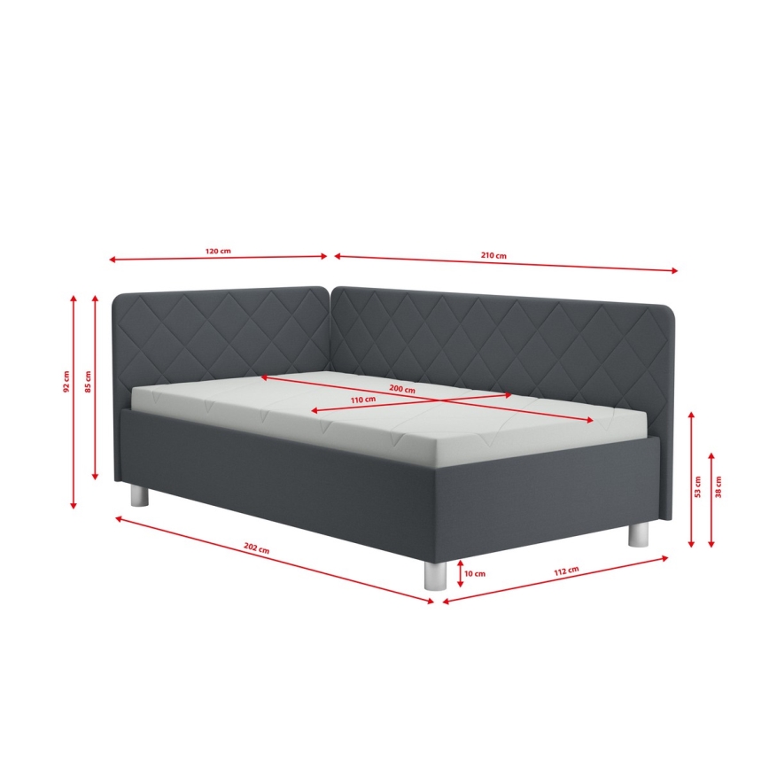Lit de jour capitonné avec un espace de stockage et matelas EMILE 110x200 cm gris
