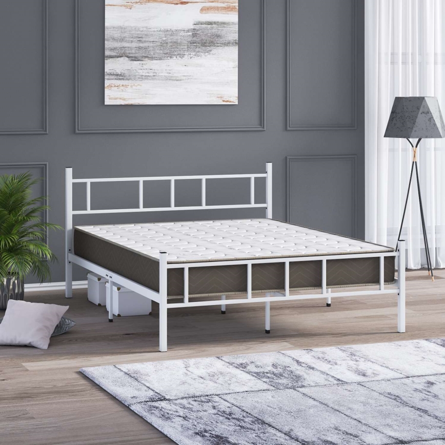 Lit double en métal PIRON 160x200 cm blanc — charge maximale 200 kg
