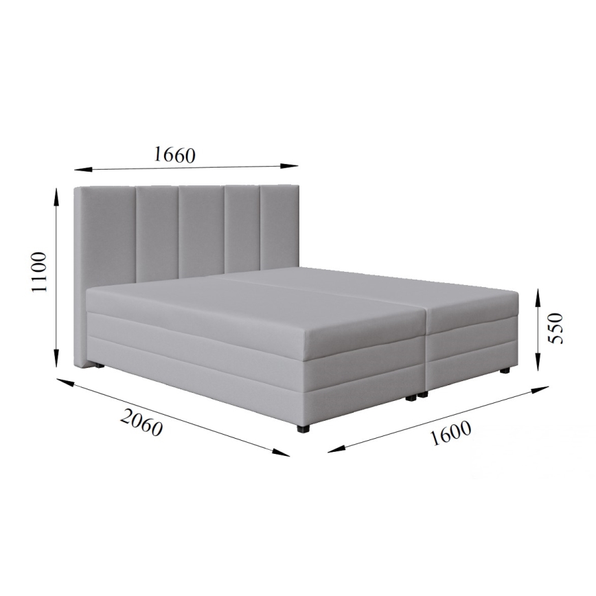 Lit rembourré avec matelas à ressorts et espace de stockage ISABEL 160x200 gris clair