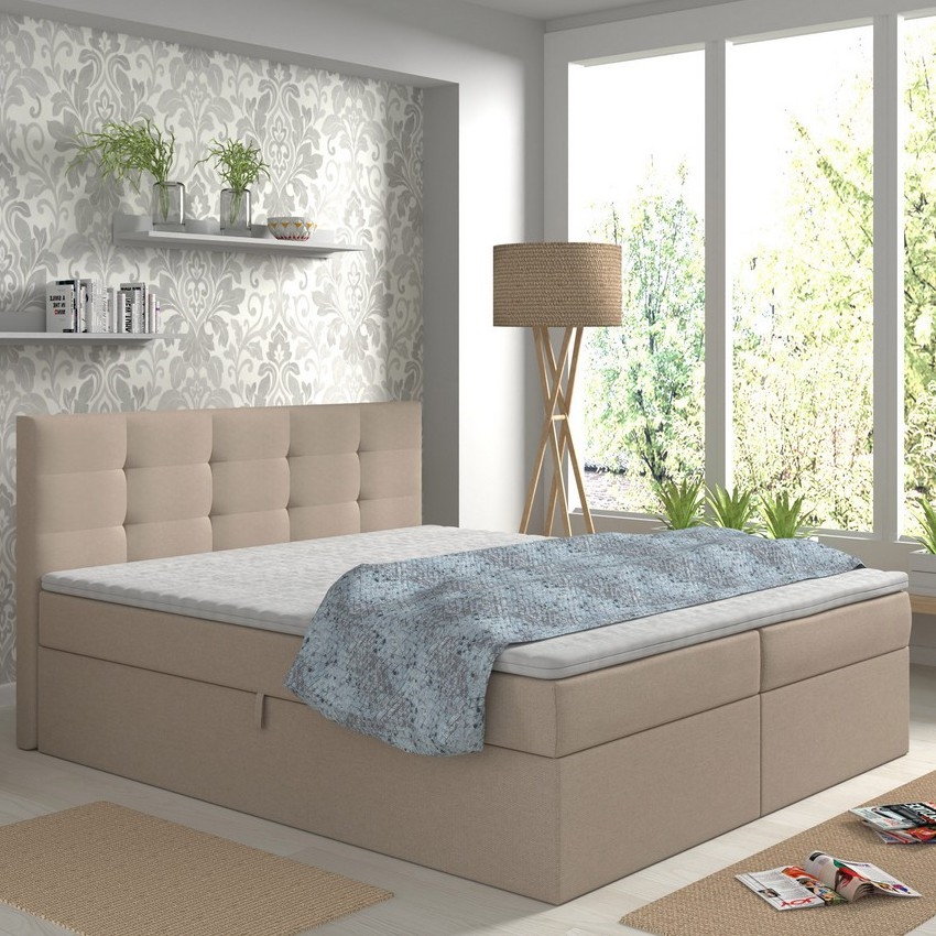 Lit rembourré EMBER 160x200 cm beige, avec matelas, surmatelas et coffre de rangement