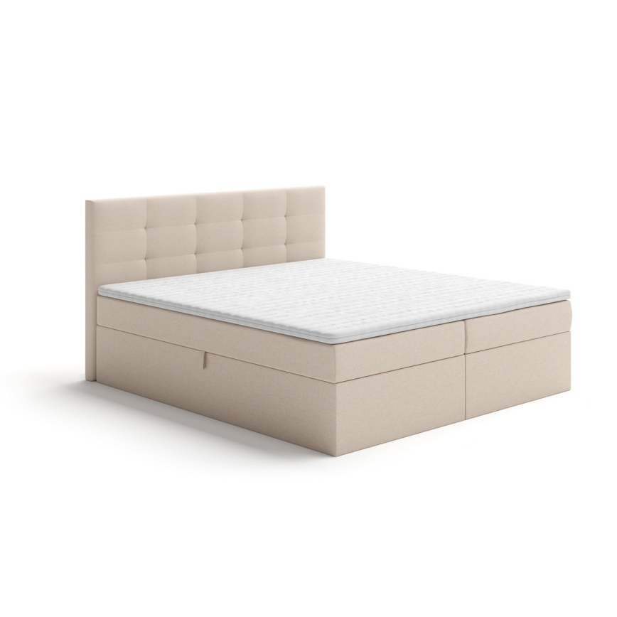 Lit tapissé EMBER 180x200 cm avec matelas et surmatelas, muni d'un coffre de rangement, beige