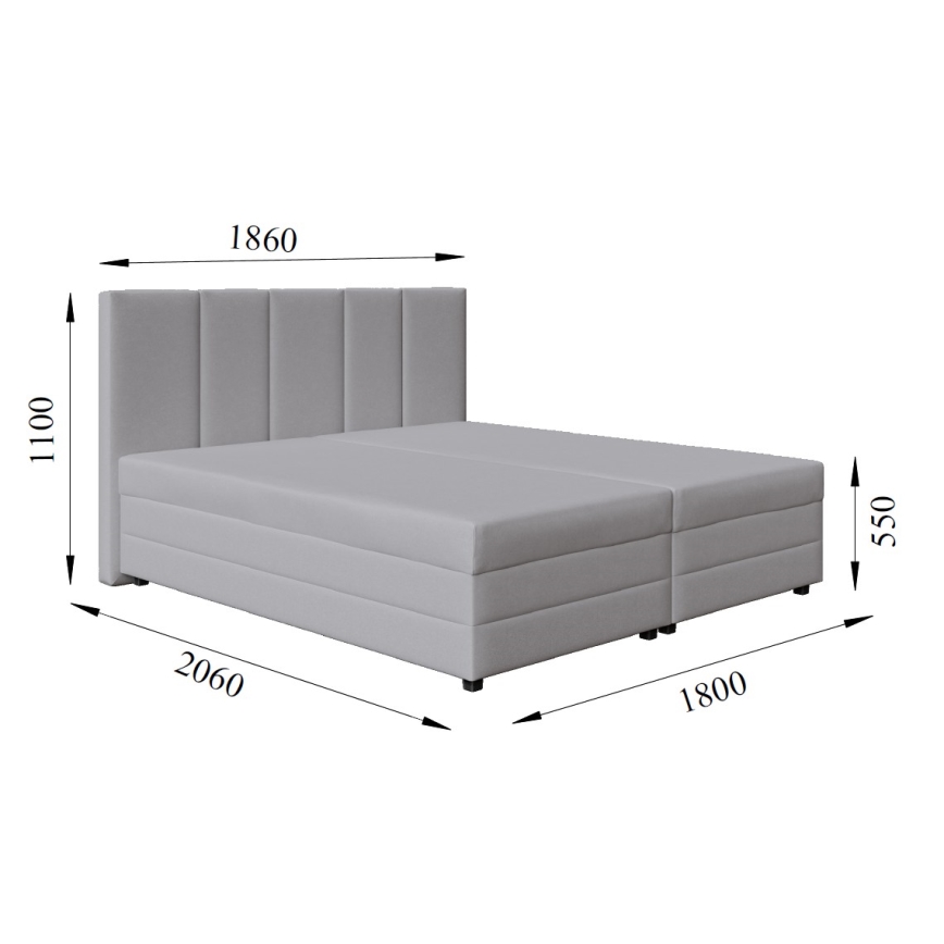 Lit rembourré ISABEL 180x200 avec matelas à ressorts et coffre de rangement, gris clair