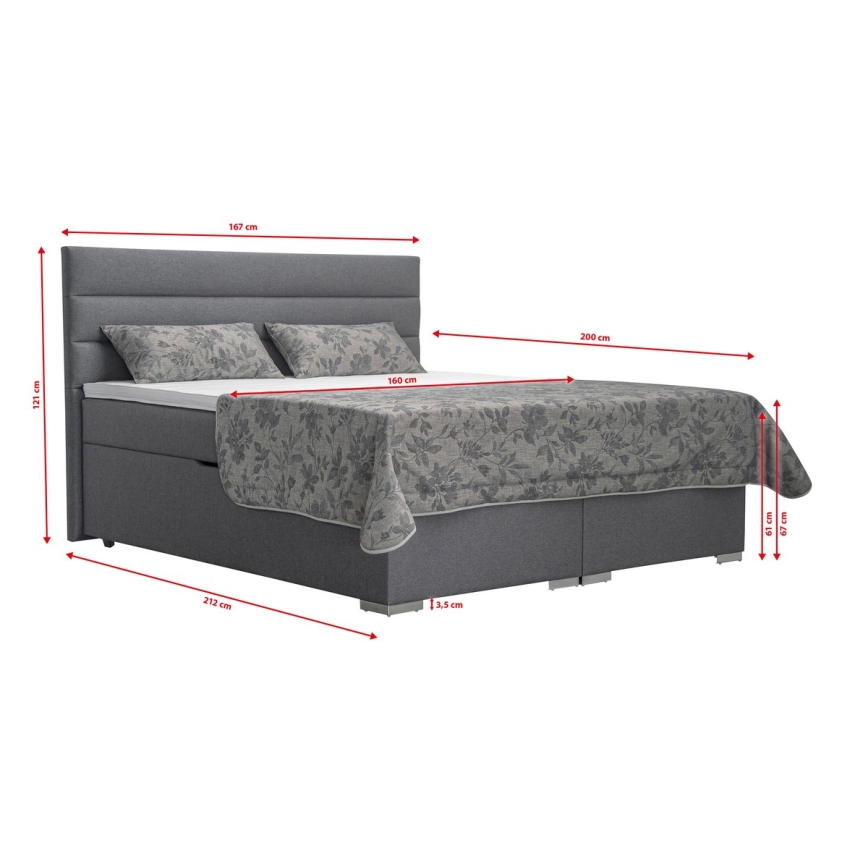 Lit tapissé NEW BOLERO 160x200 cm avec coffre de rangement intégré et matelas avec surmatelas inclus, gris