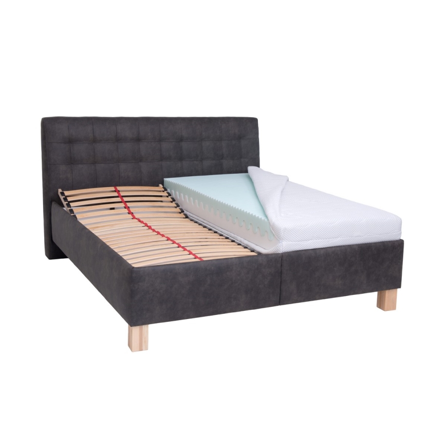 Lit rembourré VIOLET 180x200 cm avec matelas et coffre de rangement, gris foncé
