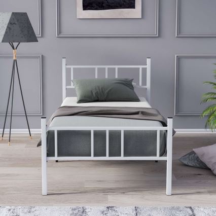 Lit simple en métal PIRON 90 x 200 cm, blanc — charge maximale 120 kg