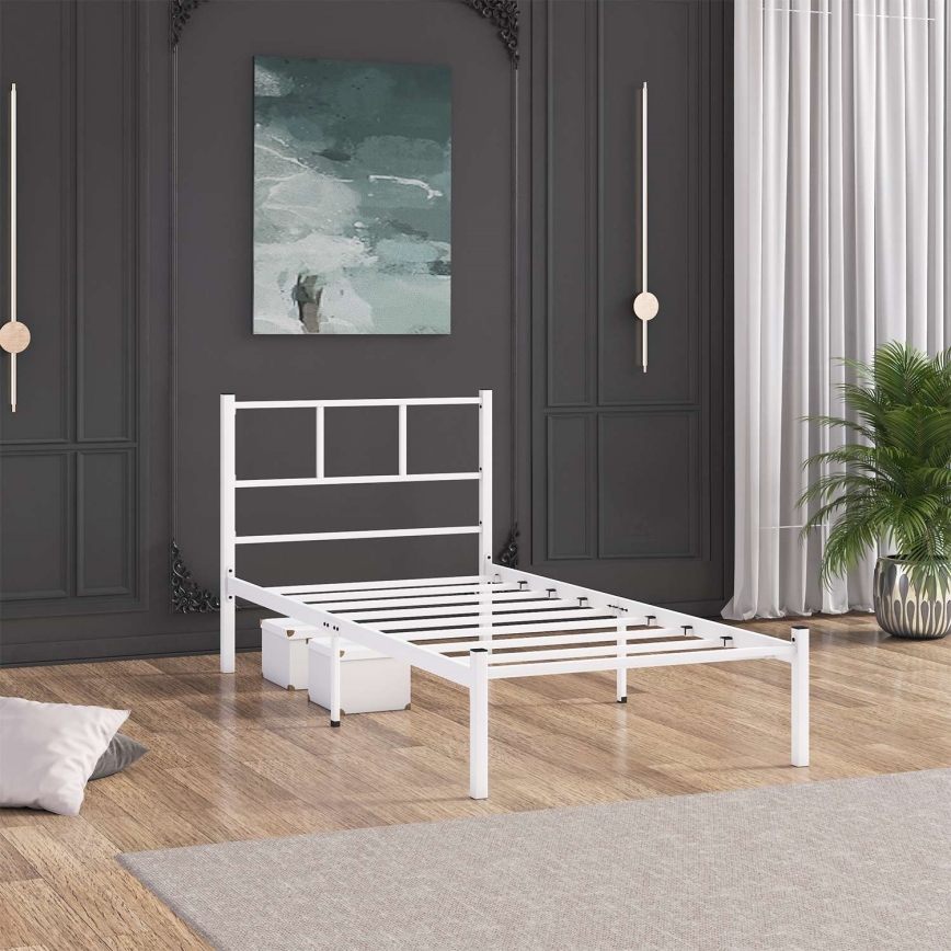 Lit simple en métal ROVAN 90x200 cm, blanc — capacité de charge 120 kg
