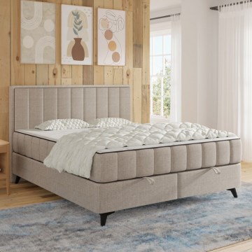 Lit tapissé ALICIA 160x200 cm avec matelas et surmatelas inclus et coffre de rangement intégré, beige