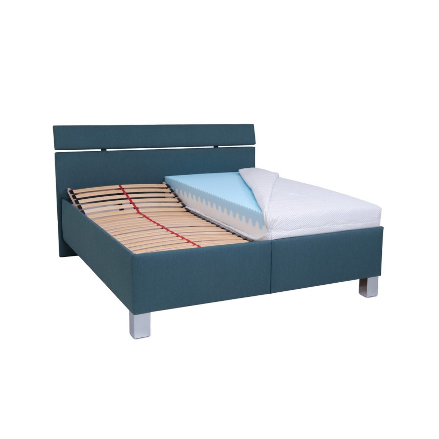 Lit tapissé ALIS 160x200 cm avec matelas et coffre de rangement, bleu pétrole