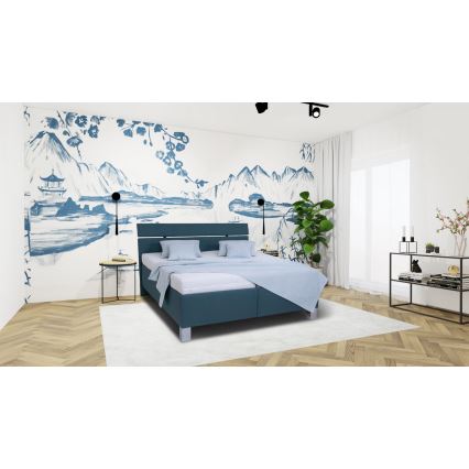 Lit tapissé ALIS 180x200 cm avec matelas et coffre de rangement, bleu pétrole