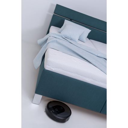 Lit tapissé ALIS 180x200 cm avec matelas et coffre de rangement, bleu pétrole