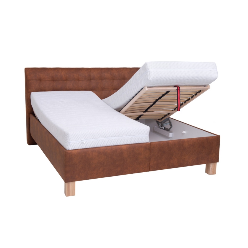 Lit tapissé avec matelas et coffre de rangement VIOLET 180x200 cm, brun cognac
