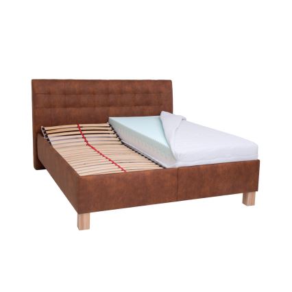 Lit tapissé avec matelas et coffre de rangement VIOLET 180x200 cm, brun cognac