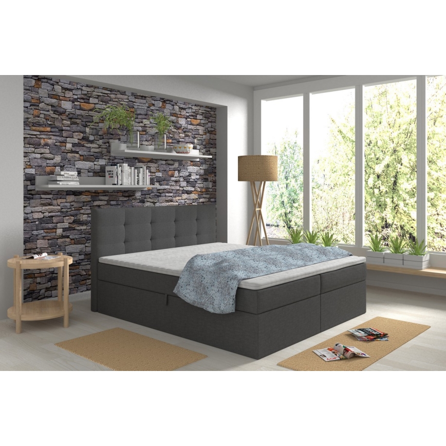 Lit rembourré EMBER 160 x 200 cm avec matelas et surmatelas et coffre de rangement, anthracite