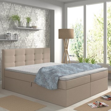 Lit tapissé EMBER 180x200 cm avec matelas et surmatelas, muni d'un coffre de rangement, beige