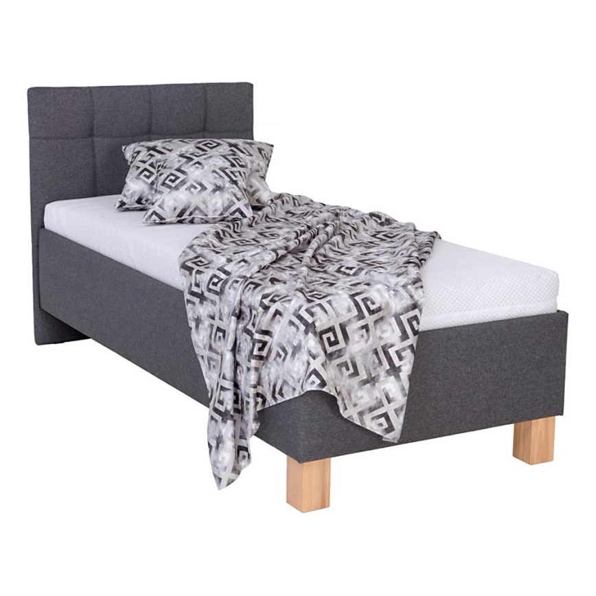 Lit tapissé MARIA ONE 90x200 cm avec matelas et coffre de rangement, gris