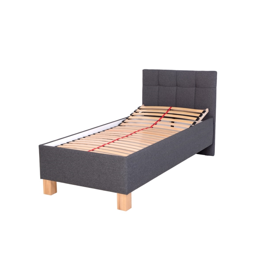 Lit tapissé MARIA ONE 90x200 cm avec matelas et coffre de rangement, gris