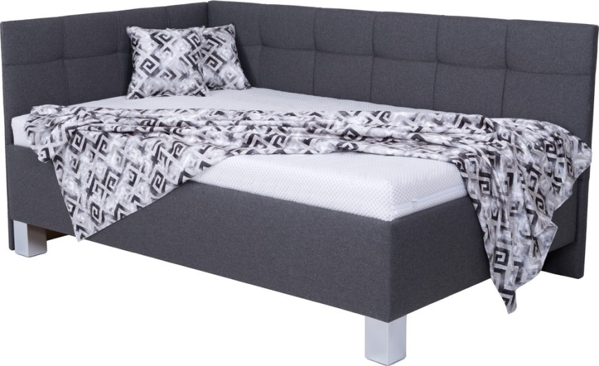 Lit tapissé MARIA PETITE 120x200 cm, matelas inclus et coffre de rangement intégré, gris