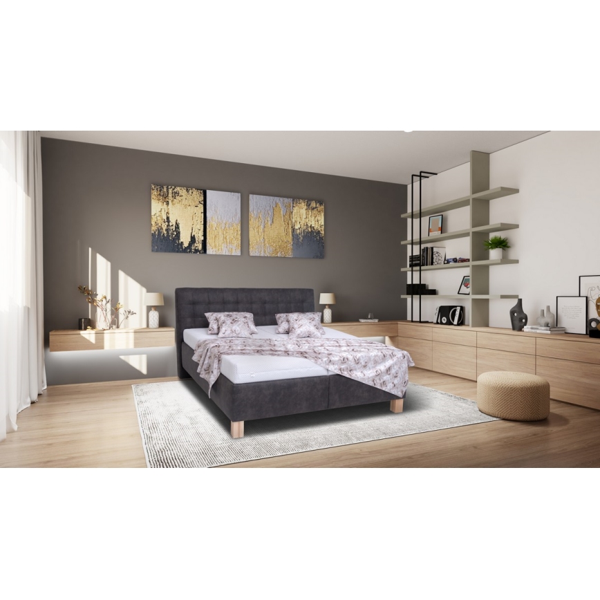 Lit tapissé VIOLET 180x200 cm avec matelas et coffre de rangement, gris anthracite