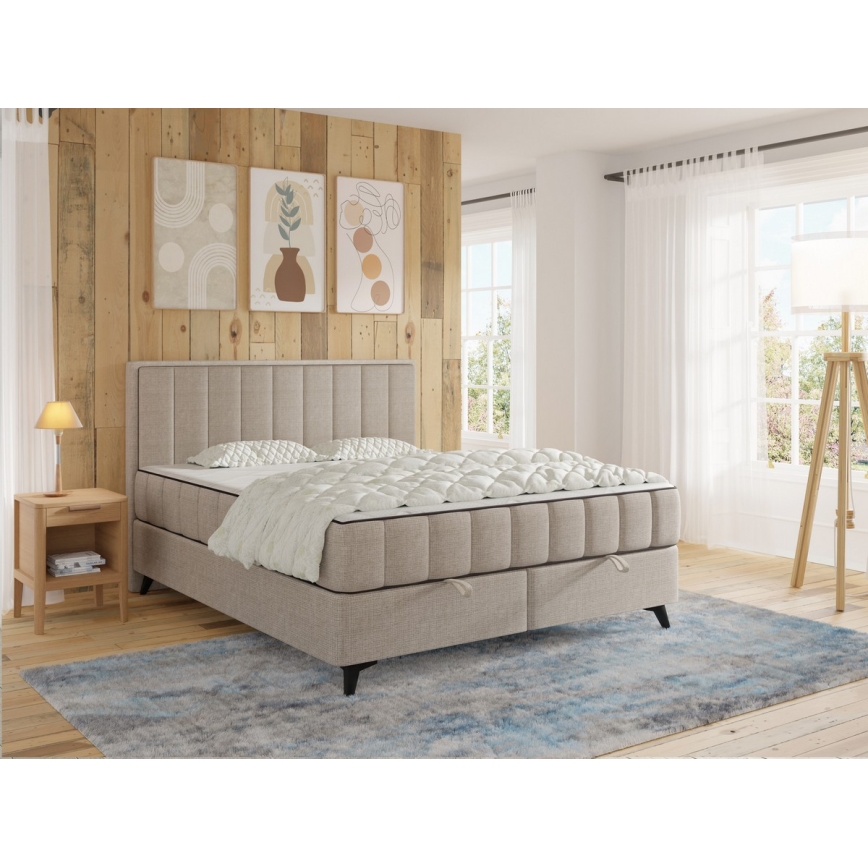 Lit double rembourré avec matelas et surmatelas, espace de rangement ALICIA 160x200 cm beige