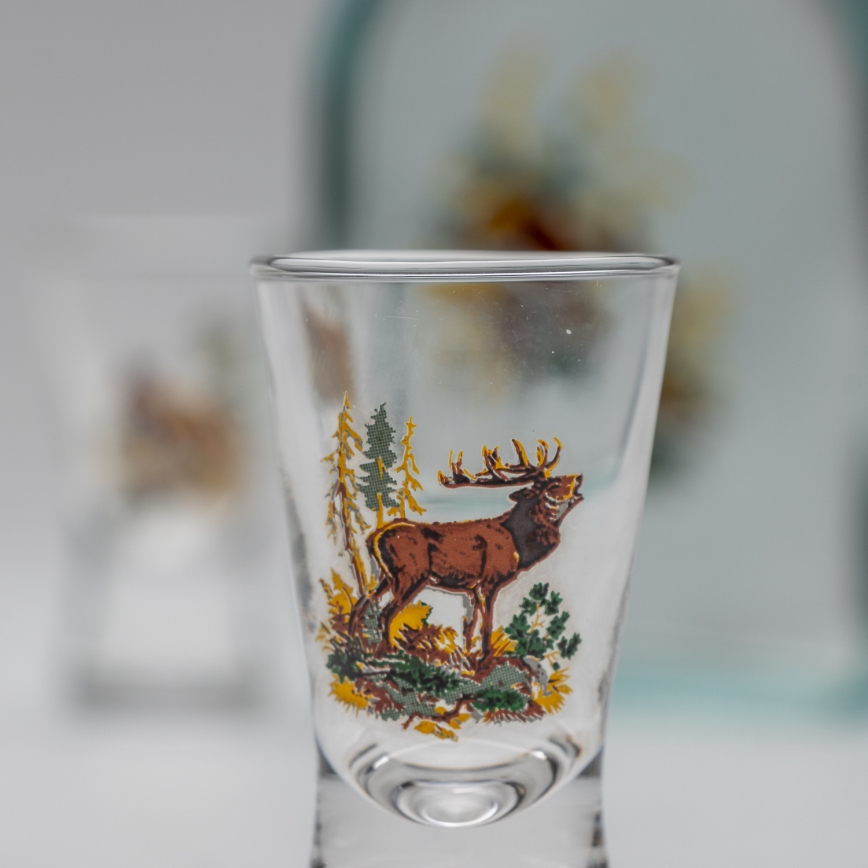 Lot 1x bouteille en verre et 2x verre à shot transparent avec un motif de lièvre