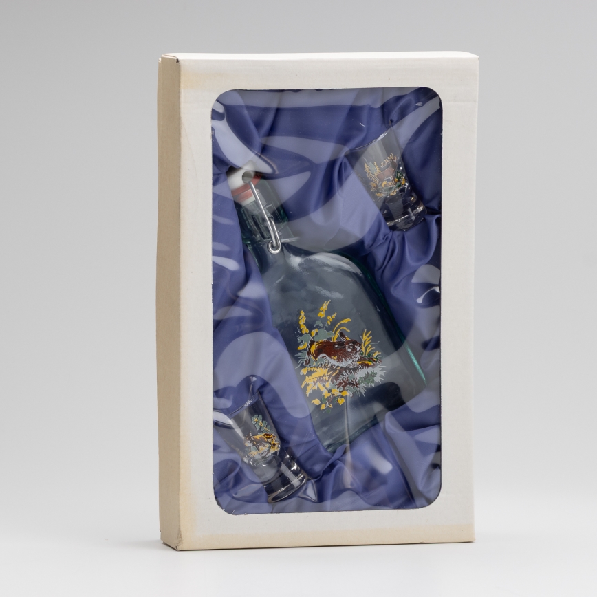 Lot 1x bouteille en verre et 2x verre à shot transparent avec un motif de lièvre