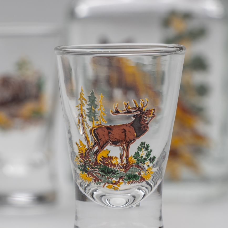 Lot 1x bouteille en verre et 2x verre à shot transparent avec un motif de renard