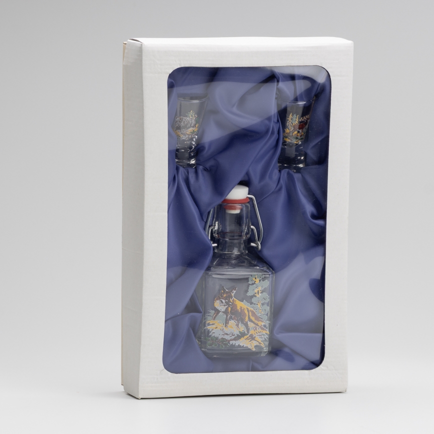 Lot 1x bouteille en verre et 2x verre à shot transparent avec un motif de renard