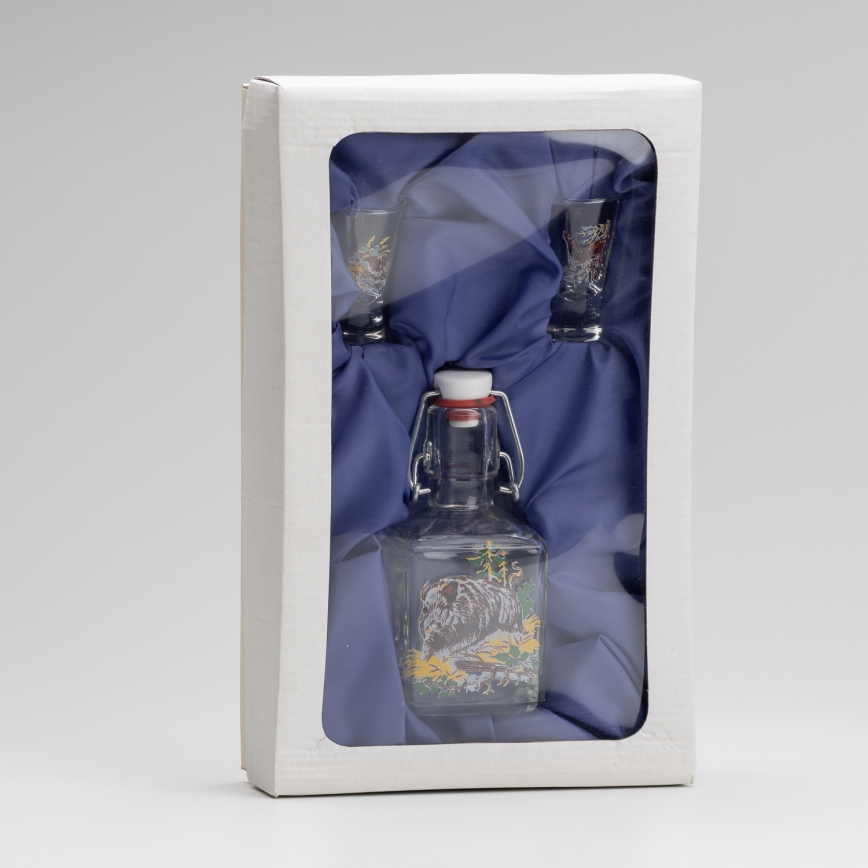 Lot 1x bouteille en verre et 2x verre à shot transparent avec un motif de sanglier
