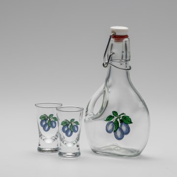 LOT 1x grande bouteille + 2x verre à shots transparent avec motif prune